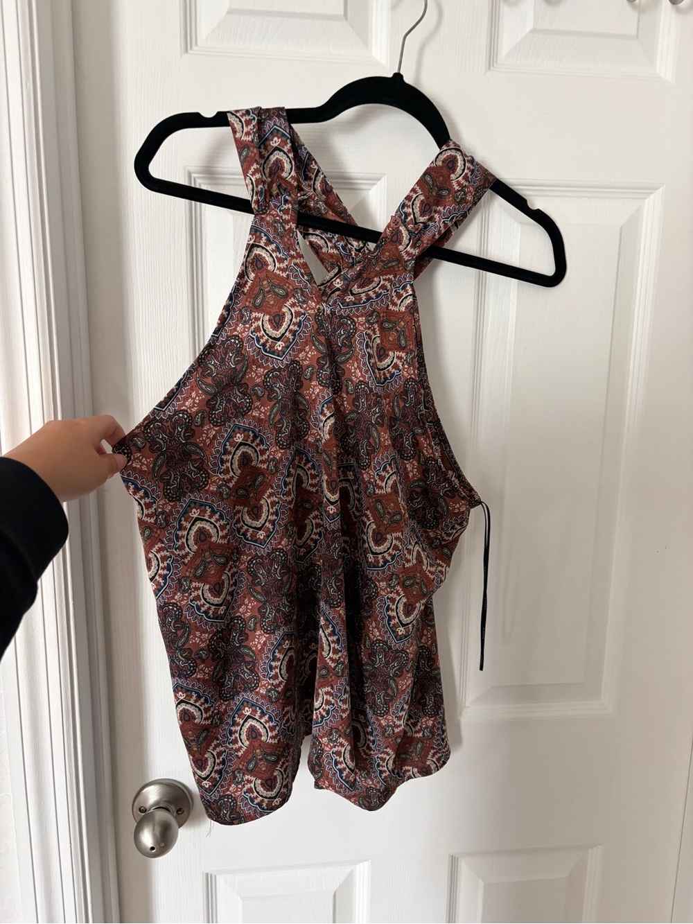 Mudd Paisley Crisscross Halter Tank in Rust and Navy